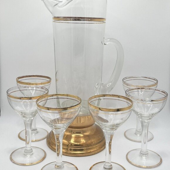 Vintage 60s MCM Glass Pitcher Brass Bottom With 6 Coupe Glasses W/ Gold Trim - Picture 1 of 9